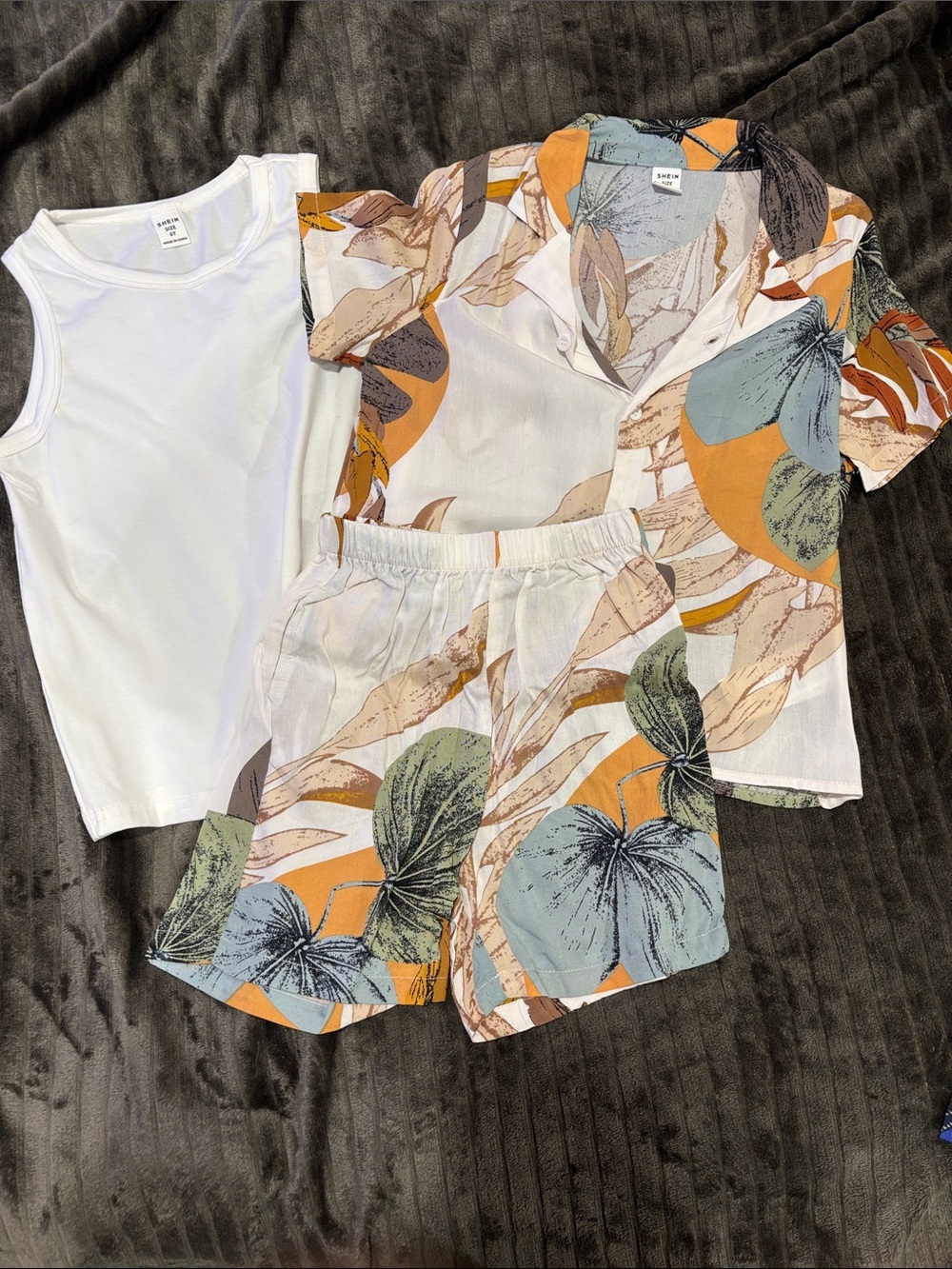 SHEIN Short Sleeve Camp Collar Shirt in Cream, Orange, Blue-Green & Brown